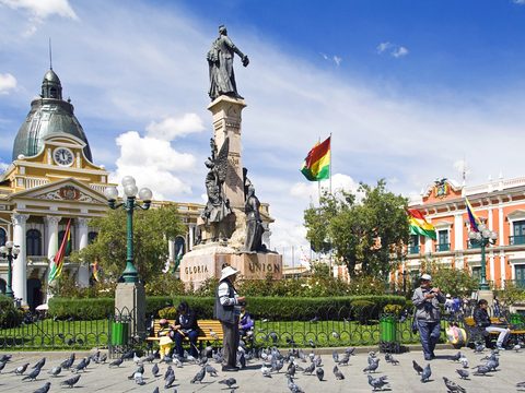 Plaza Murillo with the Murillo monument and government buildings in La Paz, Bolivia