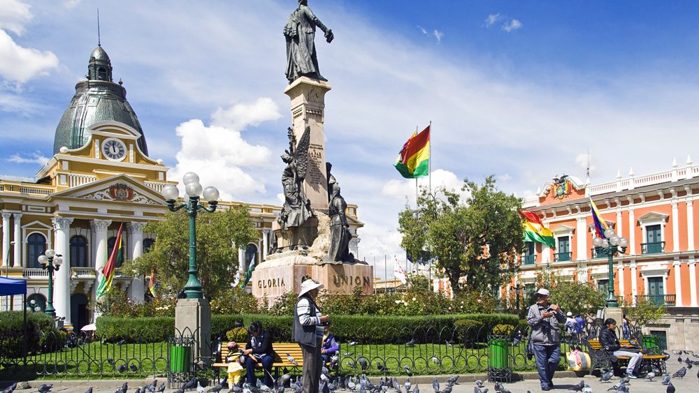 Plaza Murillo with the Murillo monument and government buildings in La Paz, Bolivia