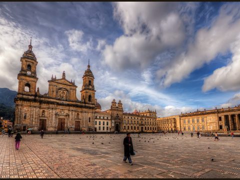 Plaza de Bolivar in Bogota with the cathedral under dramatic clouds