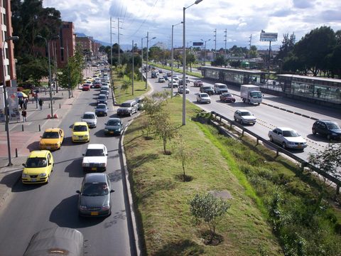 Traffic with yellow taxis on the Autopista Norte in Bogota