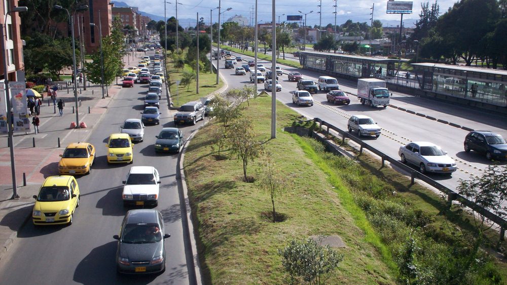 Traffic with yellow taxis on the Autopista Norte in Bogota