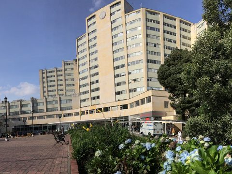 Hospital Militar complex in Bogota with flower beds in front