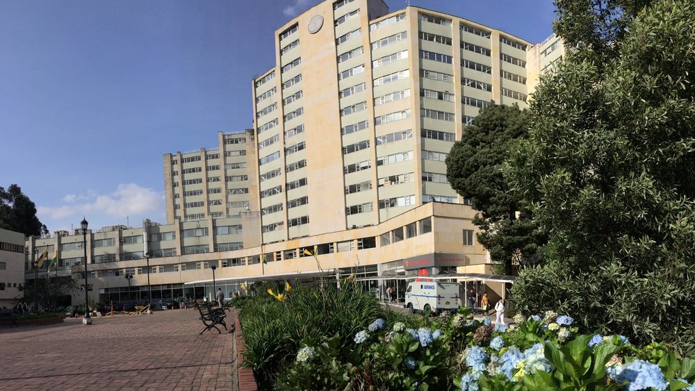 Hospital Militar complex in Bogota with flower beds in front