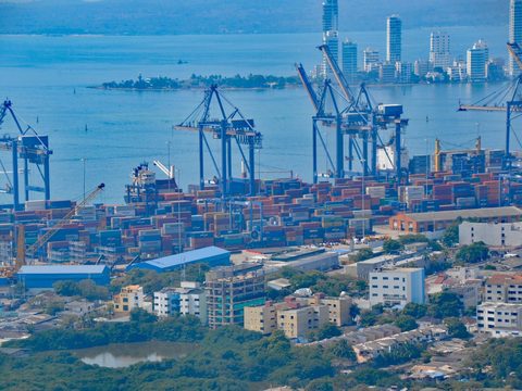 Container ship loading at the port of Cartagena seen from La Popa