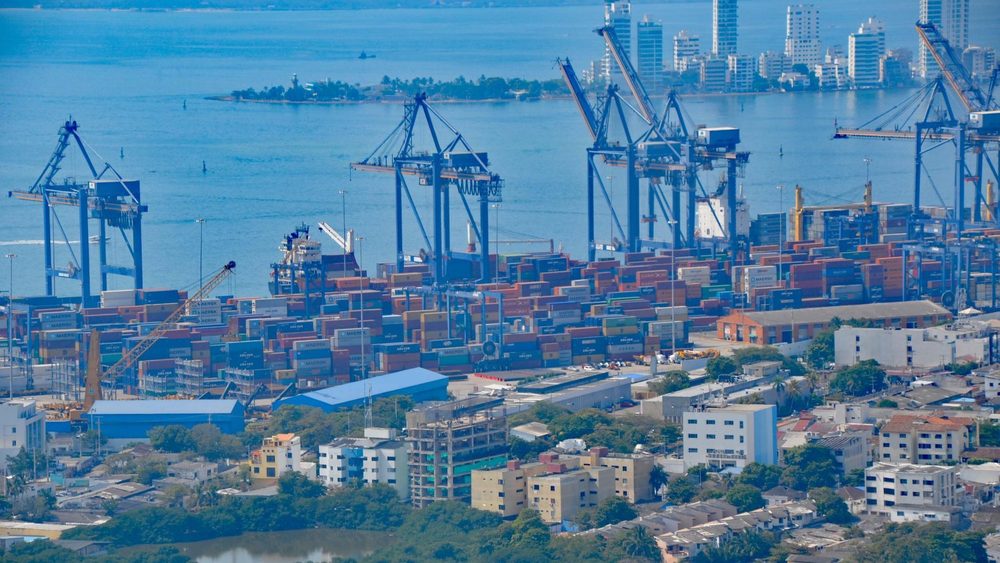 Container ship loading at the port of Cartagena seen from La Popa