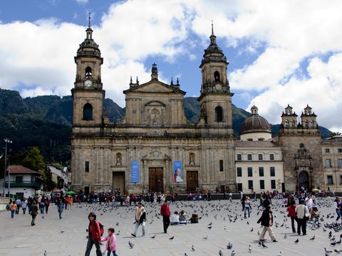 Plaza de Bolivar in Bogota with the Primary Cathedral and the Capitolio buildings