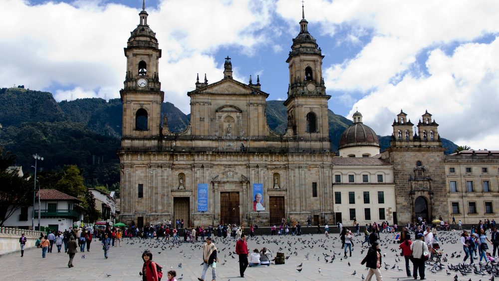 Plaza de Bolivar in Bogota with the Primary Cathedral and the Capitolio buildings