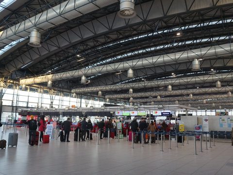 Check-in hall at Terminal 2 of Václav Havel Airport in Prague, Czech Republic