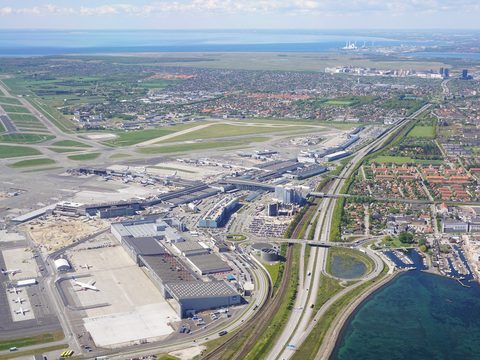 Aerial view of Copenhagen Airport in Kastrup beside the Oresund