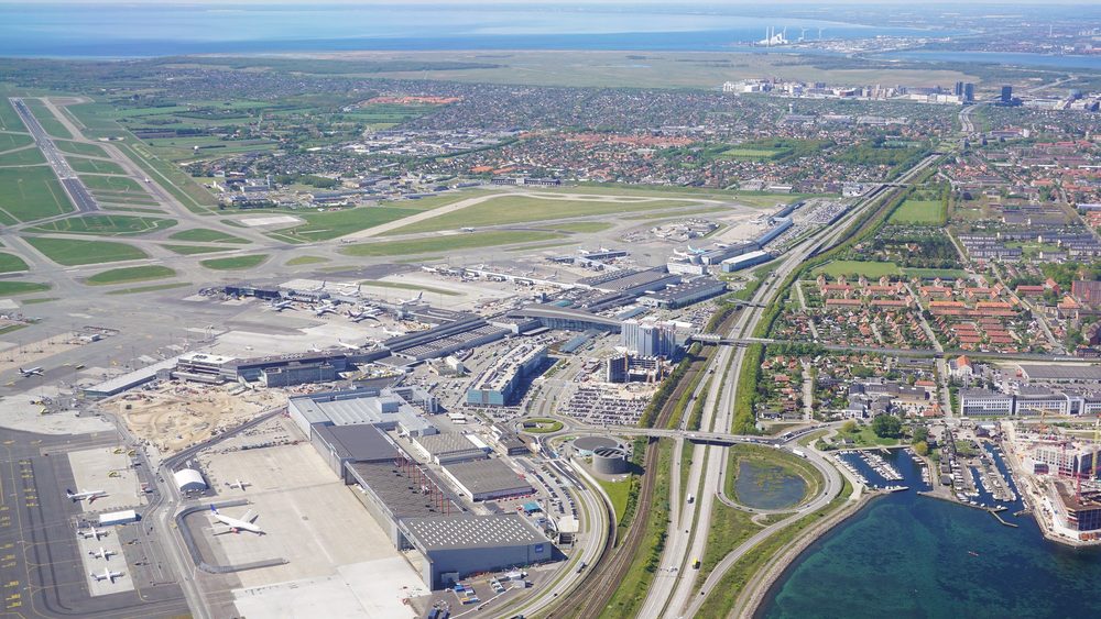 Aerial view of Copenhagen Airport in Kastrup beside the Oresund
