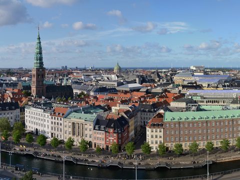 Copenhagen rooftops and spires seen from Christiansborg Palace tower