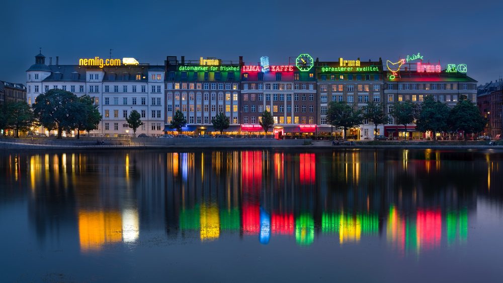 Copenhagen lakes reflecting the lit city skyline at night