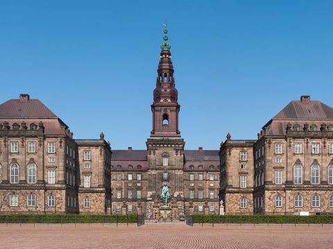 Christiansborg Palace in Copenhagen, home of the Danish parliament, seen across its front square
