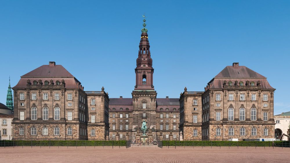 Christiansborg Palace in Copenhagen, home of the Danish parliament, seen across its front square