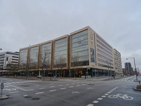 Modern office buildings along Arne Jacobsens Alle in Orestad, Copenhagen