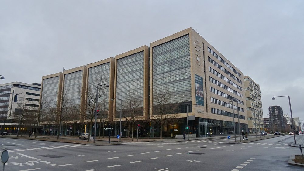 Modern office buildings along Arne Jacobsens Alle in Orestad, Copenhagen