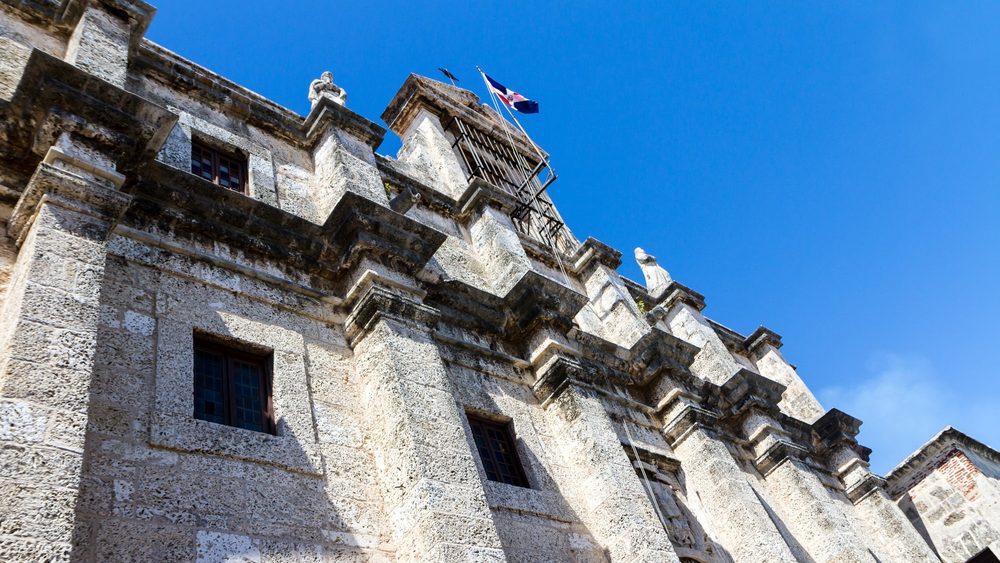 Colonial stone building and plaza in the Zona Colonial of Santo Domingo, Dominican Republic