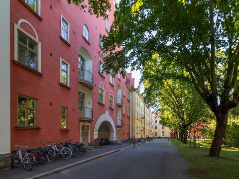 Red residential city block of Sammatti in Vallila, Helsinki