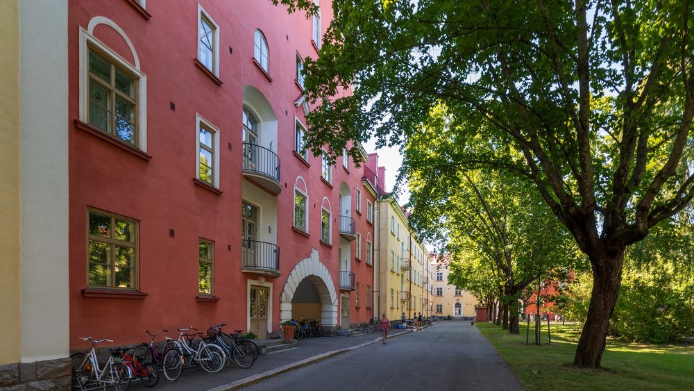 Red residential city block of Sammatti in Vallila, Helsinki