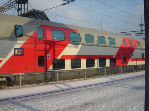 Double-decker VR InterCity train passing through Pasila station
