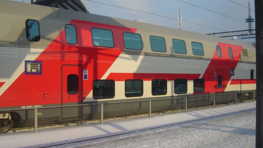 Double-decker VR InterCity train passing through Pasila station