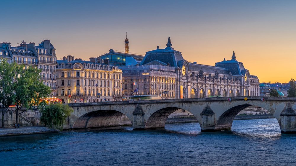 Pont Royal and the Musee d'Orsay on the Seine in Paris at dusk