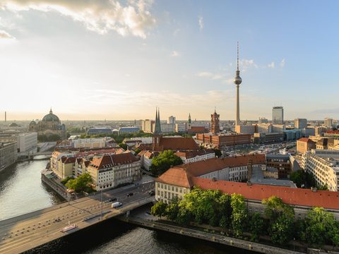 Berlin Mitte along the Spree with the TV tower at sunrise