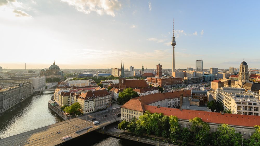 Berlin Mitte along the Spree with the TV tower at sunrise
