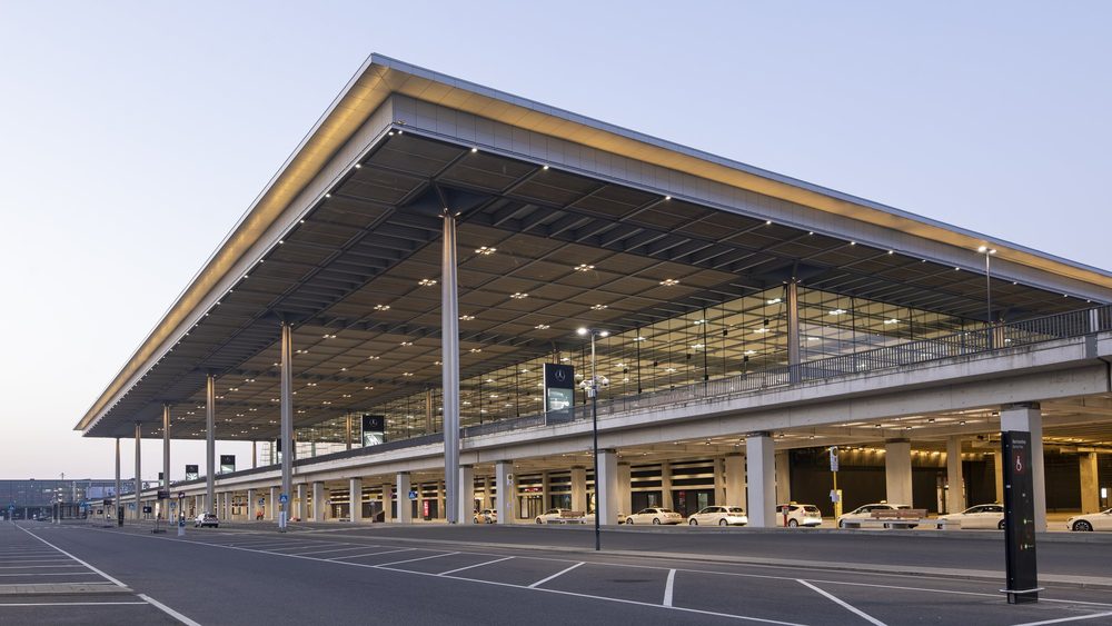 The canopy and glass front of Terminal 1 at Berlin Brandenburg Airport