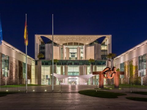 Federal Chancellery in Berlin lit at blue hour