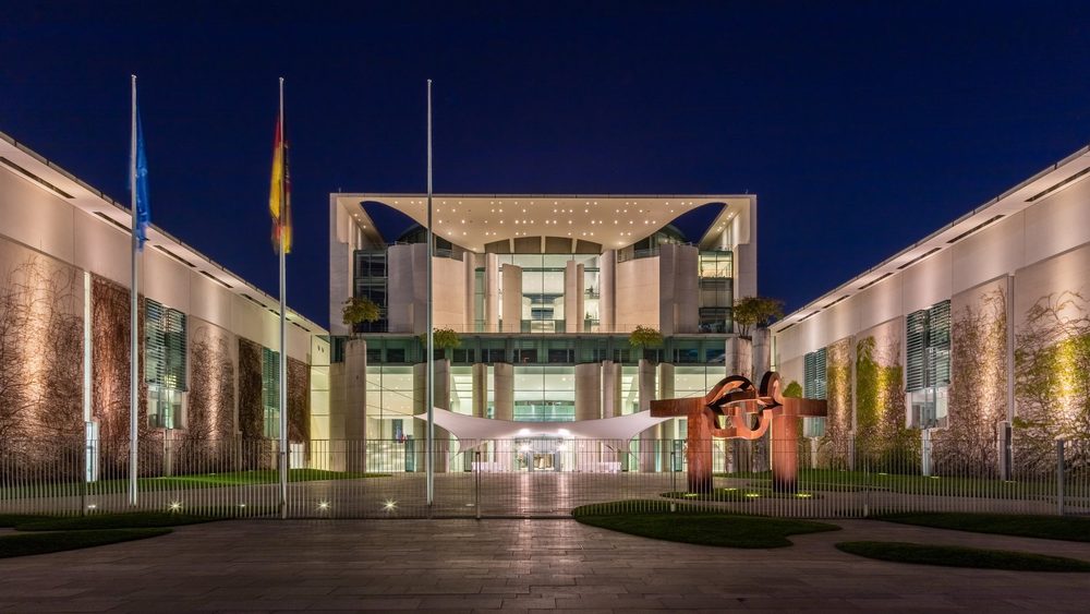 Federal Chancellery in Berlin lit at blue hour