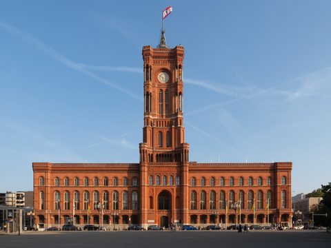 The red brick Rotes Rathaus, Berlin city hall, on a clear day