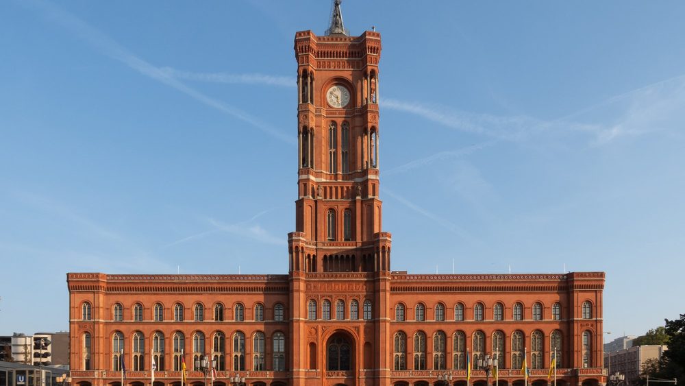 The red brick Rotes Rathaus, Berlin city hall, on a clear day