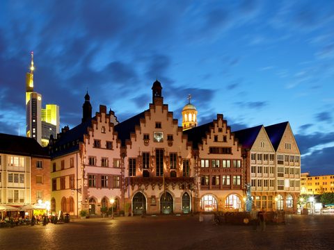 Romerberg half-timbered houses in Frankfurt at dusk
