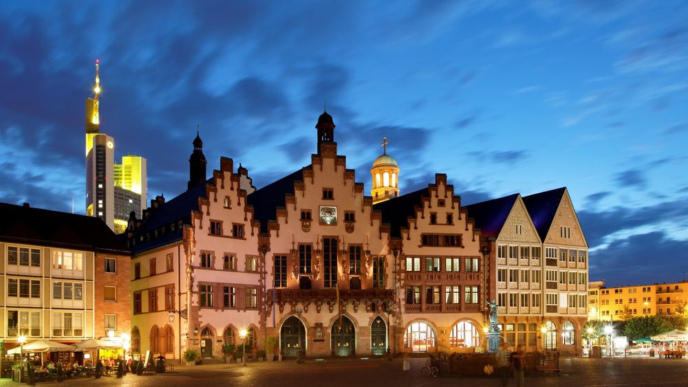 Romerberg half-timbered houses in Frankfurt at dusk