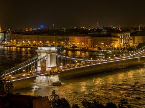 Széchenyi Chain Bridge and the Danube at night in Budapest, Hungary