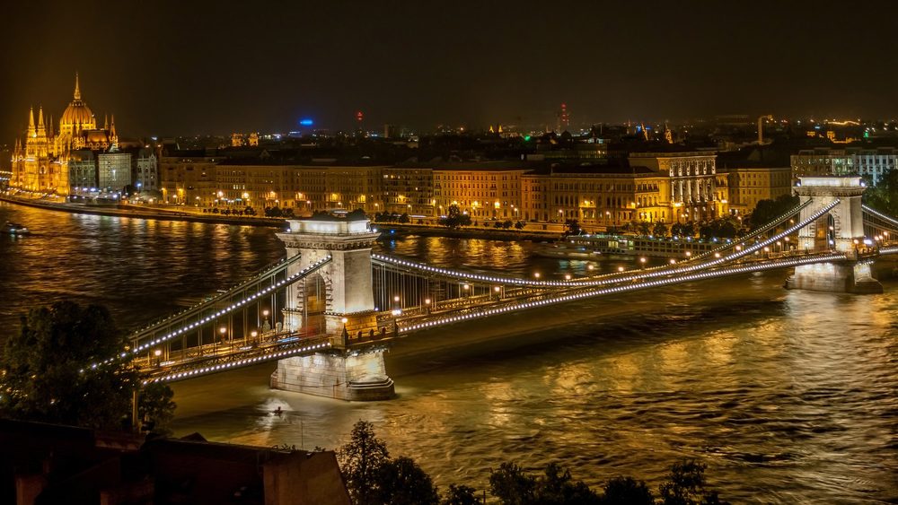 Széchenyi Chain Bridge and the Danube at night in Budapest, Hungary