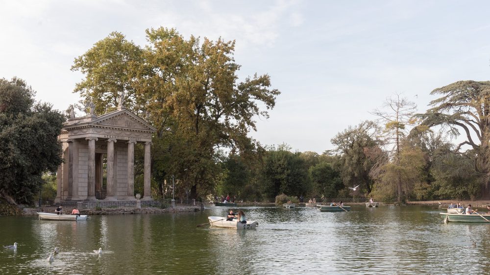Temple of Aesculapius on the lake in Villa Borghese park, Rome, Italy