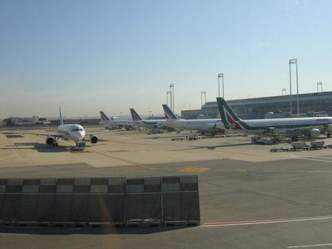 Jets parked at the terminal gates of Rome Fiumicino Leonardo da Vinci Airport