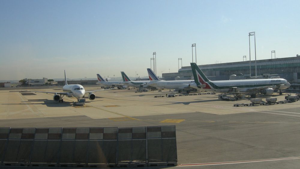Jets parked at the terminal gates of Rome Fiumicino Leonardo da Vinci Airport