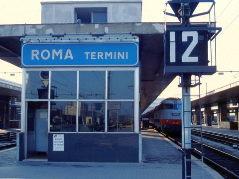 Platform 12 and the Roma Termini station sign in Rome