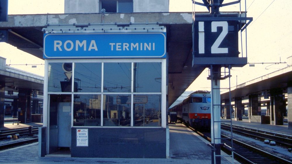 Platform 12 and the Roma Termini station sign in Rome