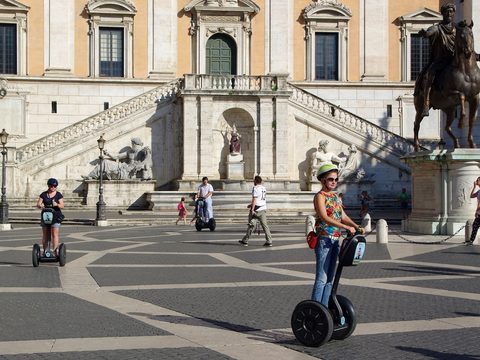 Piazza del Campidoglio in Rome, the seat of the city government, with the statue of Marcus Aurelius and the Palazzo Senatorio steps