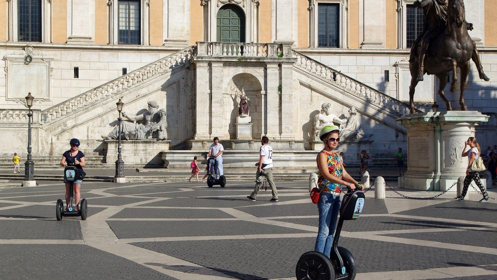 Piazza del Campidoglio in Rome, the seat of the city government, with the statue of Marcus Aurelius and the Palazzo Senatorio steps