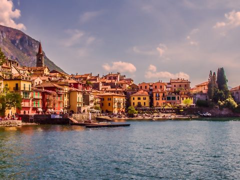 Pastel houses of Varenna on the shore of Lake Como under the mountains