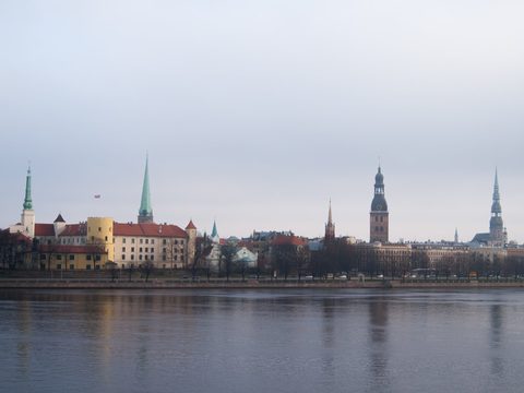 Riga skyline across the Daugava river, Latvia