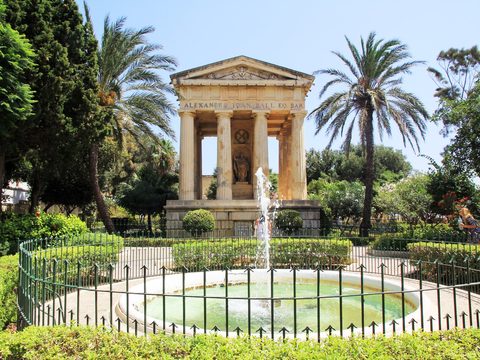 Lower Barrakka Gardens in Valletta with its classical temple and fountain