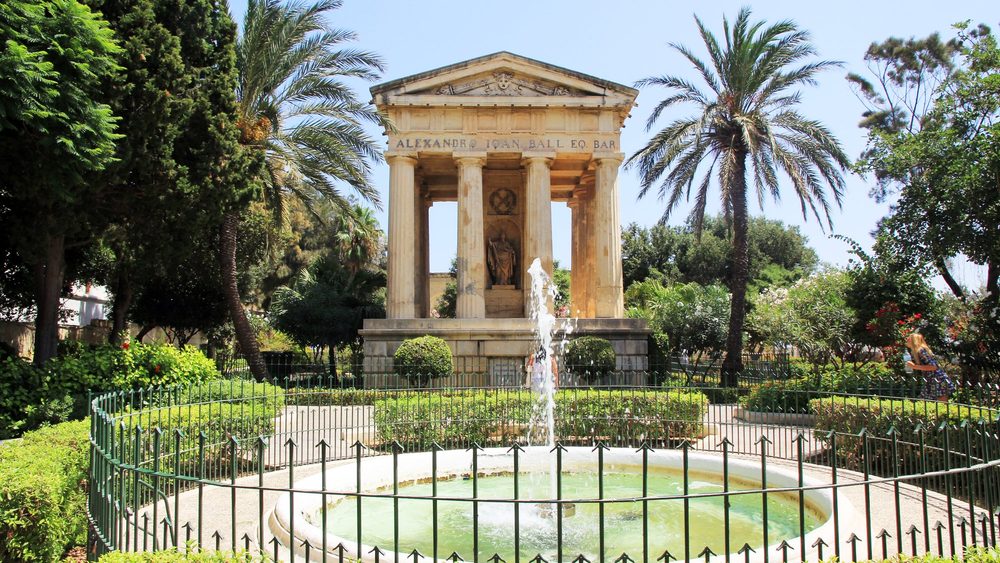 Lower Barrakka Gardens in Valletta with its classical temple and fountain