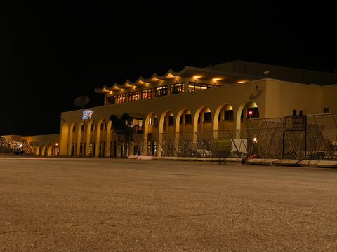 The Malta International Airport terminal at Luqa lit up at night