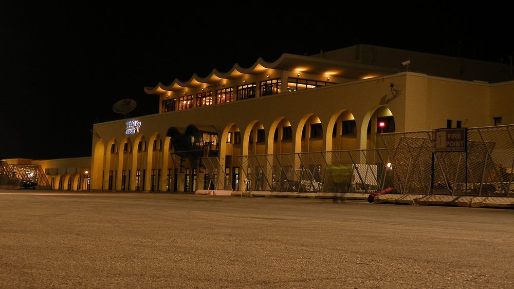 The Malta International Airport terminal at Luqa lit up at night